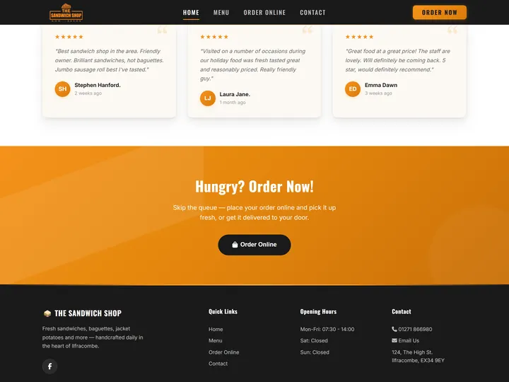 The Sandwich Shop customer reviews and order online section
