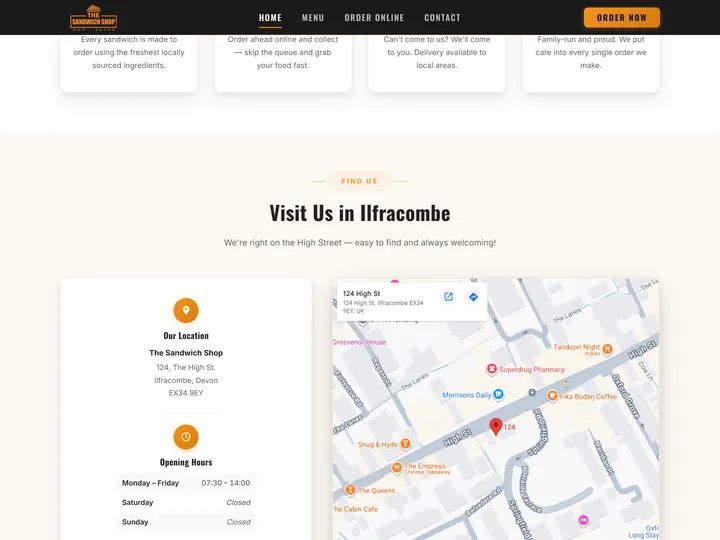 The Sandwich Shop location section with an interactive map