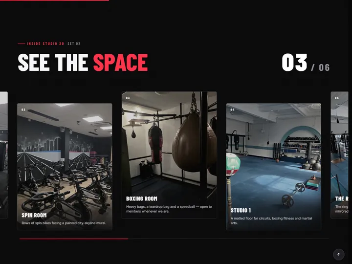 Studio 20 gym site: See the space, a gallery of the spin room, boxing room and Studio 1