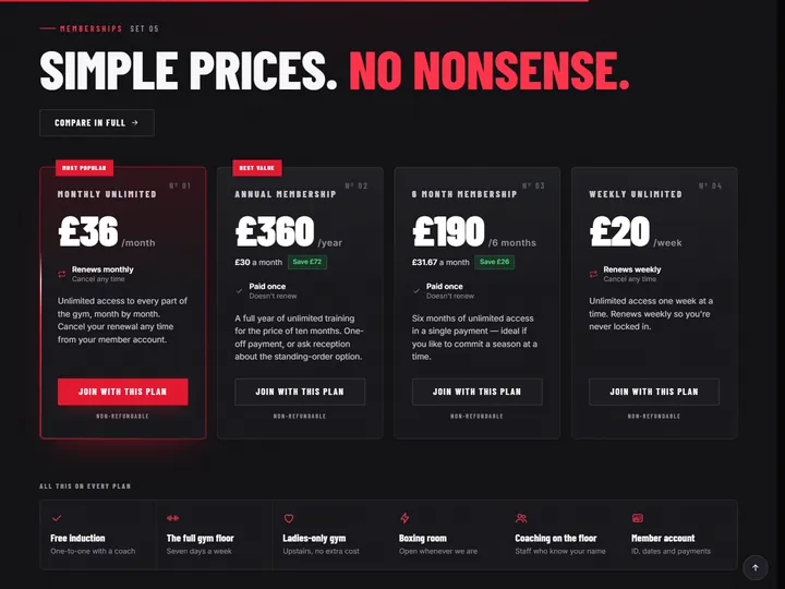 Studio 20 gym site: Simple prices, no nonsense, with four membership plans