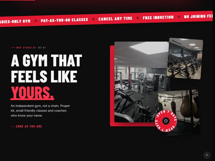 Studio 20 gym site: A gym that feels like yours, with photos of the gym floor