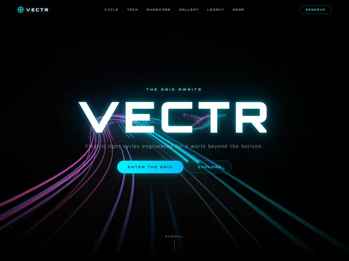 VECTR concept site hero with neon light trails